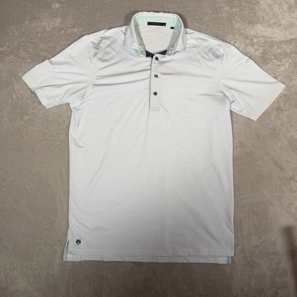 Greyson Golf Polo Shirt Mens M White Gray Stripe Performance Wolf Logo